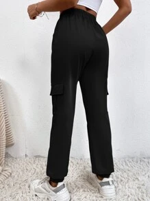 SHEIN PETITE 側翻蓋口袋工裝褲 - 黑色 - 查看 2