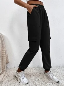 SHEIN PETITE 側翻蓋口袋工裝褲 - 黑色 - 查看 4