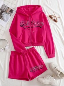INAWLY Letter Graphic Zip Up Drawstring Thermal Hoodie & Track Shorts Fall Cloth For Women - Hot Pink - View 1
