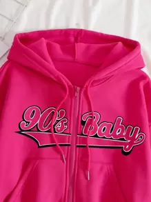 INAWLY Letter Graphic Zip Up Drawstring Thermal Hoodie & Track Shorts Fall Cloth For Women - Hot Pink - View 8