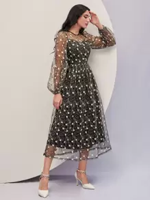 Modelyn Floral Embroidery Mesh Overlay Dress - Multicolor - View 1
