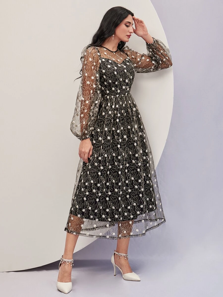 Modelyn Floral Embroidery Mesh Overlay Dress - Multicolor - View 1