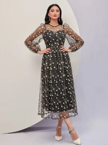 Modelyn Floral Embroidery Mesh Overlay Dress - Multicolor - View 3