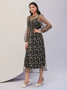 Modelyn Floral Embroidery Mesh Overlay Dress - Multicolor - View 4