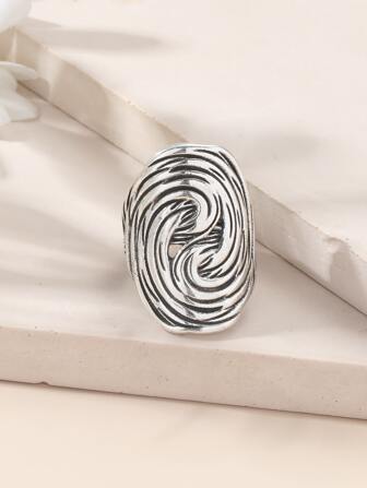 1pc Casual Vintage Silver Textured Metal Open Ring For Women, Suitable For Daily Wear