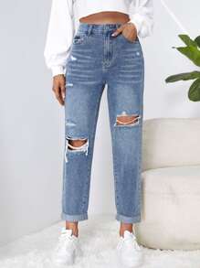 SHEIN EZwear Mom Fit Jeans mit Riss, hoher Taille
