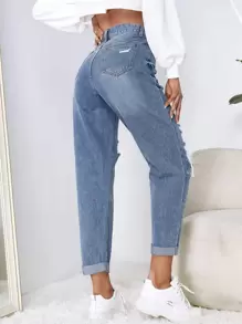 SHEIN EZwear Mom Fit Jeans mit Riss, hoher Taille