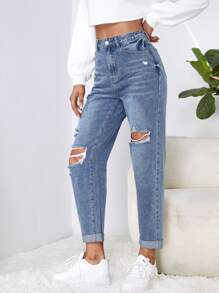 SHEIN EZwear Mom Fit Jeans mit Riss, hoher Taille