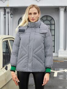 拉链连帽千鸟格填充大衣 - 黑與白 - 查看 1