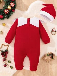 SHEIN Baby Christmas Two Tone Chevron Ruffle Fleece Jumpsuit - Red and White - View 12