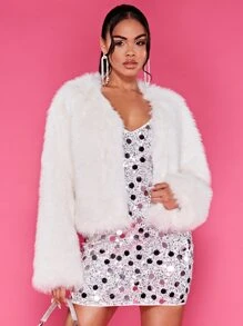 SHEIN BAE Solid Open Front Fuzzy Coat - White - View 2