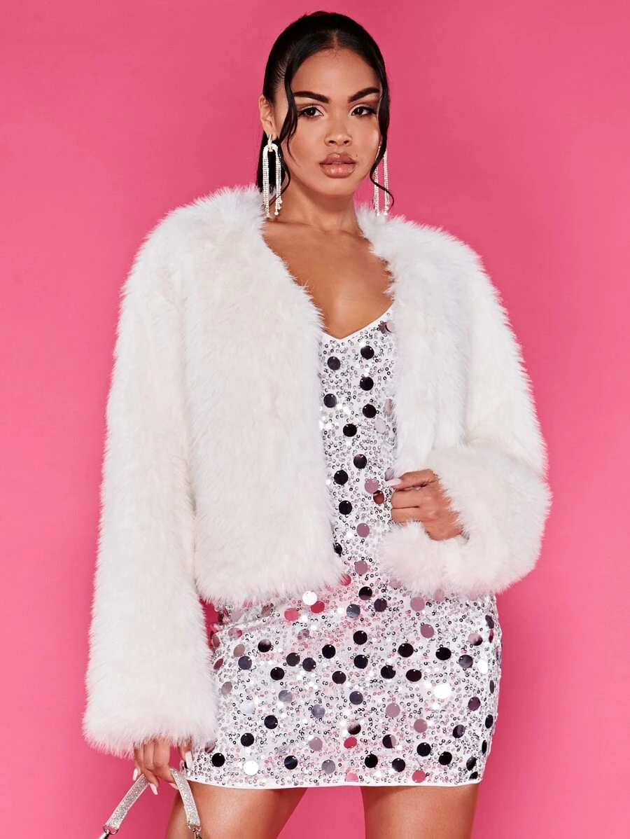 SHEIN BAE Solid Open Front Fuzzy Coat