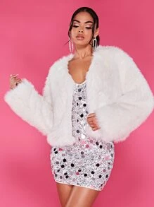 SHEIN BAE Solid Open Front Fuzzy Coat - White - View 4