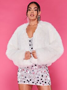 SHEIN BAE Solid Open Front Fuzzy Coat - White - View 5