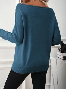 SHEIN LUNE Áo len nữ màu trơn Giải trí - Màu xanh lam - Xem 2