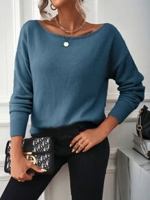 SHEIN LUNE Áo len nữ màu trơn Giải trí - Màu xanh lam - Xem 4