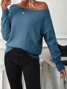 SHEIN LUNE Áo len nữ màu trơn Giải trí - Màu xanh lam - Xem 5