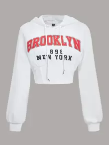 SHEIN EZwear Áo hoodie dây rút hở vai họa tiết chữ cho mùa thu/đông - trắng - Xem 1