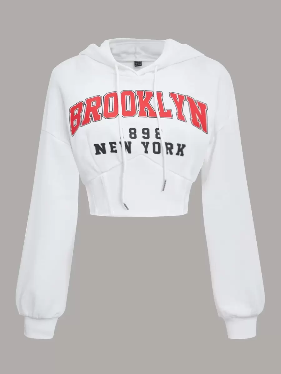 SHEIN EZwear Áo hoodie dây rút hở vai họa tiết chữ cho mùa thu/đông - trắng - Xem 1
