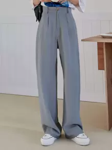 DAZY 高腰摺褶細節直筒西裝褲 - 霧霾藍 - 查看 1