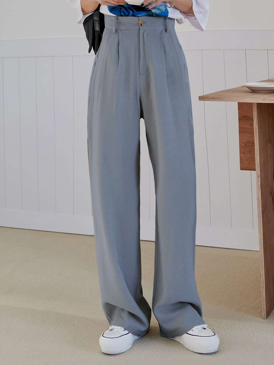 DAZY 高腰摺褶細節直筒西裝褲 - 霧霾藍 - 查看 1