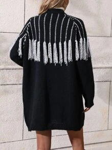 SHEIN LUNE Fringe Trim Drop Shoulder Cardigan - Black - View 2