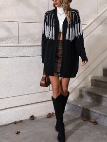 SHEIN LUNE Fringe Trim Drop Shoulder Cardigan - Black - View 6