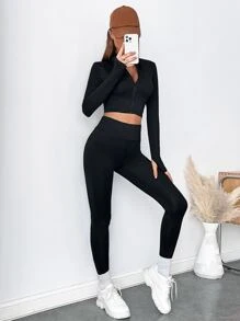 SHEIN EZwear Zip Up Thumb Holes Crop Jacket & Leggings - Black - View 4