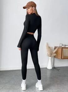 SHEIN EZwear Zip Up Thumb Holes Crop Jacket & Leggings - Black - View 2