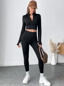 SHEIN EZwear Zip Up Thumb Holes Crop Jacket & Leggings - Black - View 1