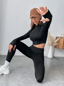 SHEIN EZwear Zip Up Thumb Holes Crop Jacket & Leggings - Black - View 6