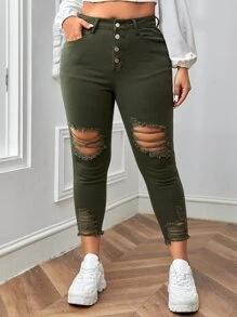 SHEIN Essnce 纽扣门襟破洞毛边紧身牛仔裤 - 軍綠色 - 查看 1