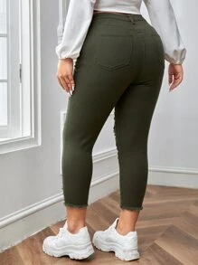 SHEIN Essnce 纽扣门襟破洞毛边紧身牛仔裤 - 軍綠色 - 查看 2