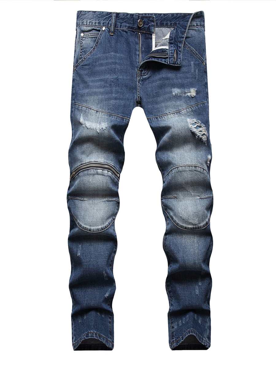 男士前部拉链破洞牛仔裤 - 中等水洗藍 - 查看 1