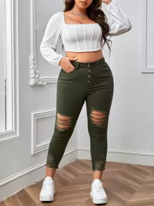 SHEIN Essnce 纽扣门襟破洞毛边紧身牛仔裤 - 軍綠色 - 查看 3