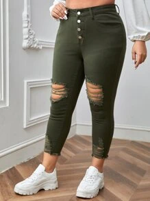 SHEIN Essnce 纽扣门襟破洞毛边紧身牛仔裤 - 軍綠色 - 查看 5