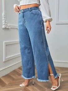 SHEIN Essnce Plus High Waist Pearl Detail Split Raw Hem Wide Leg Jeans - Medium Wash - View 1