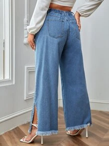 SHEIN Essnce Plus High Waist Pearl Detail Split Raw Hem Wide Leg Jeans - Medium Wash - View 2