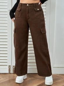 SHEIN EZwear Plus Solid Flap Pocket Cargo Jeans - Coffee Brown - View 1