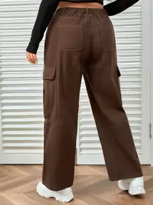 SHEIN EZwear Plus Solid Flap Pocket Cargo Jeans - Coffee Brown - View 2