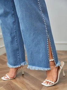 SHEIN Essnce Plus High Waist Pearl Detail Split Raw Hem Wide Leg Jeans - Medium Wash - View 4
