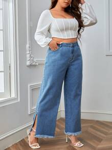 SHEIN Essnce Plus High Waist Pearl Detail Split Raw Hem Wide Leg Jeans - Medium Wash - View 5