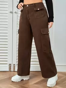 SHEIN EZwear Plus Solid Flap Pocket Cargo Jeans - Coffee Brown - View 3