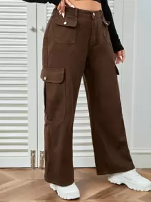 SHEIN EZwear Plus Solid Flap Pocket Cargo Jeans - Coffee Brown - View 4