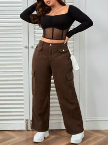 SHEIN EZwear Plus Solid Flap Pocket Cargo Jeans - Coffee Brown - View 5