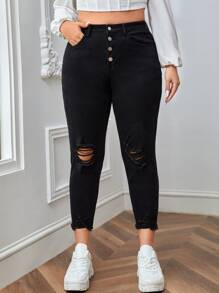 SHEIN Essnce Jeans ajustados con botón desgarro ribete sin dobladillo - Negro - Ver 1