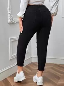 SHEIN Essnce Jeans ajustados con botón desgarro ribete sin dobladillo - Negro - Ver 2
