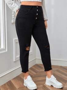SHEIN Essnce Jeans ajustados con botón desgarro ribete sin dobladillo - Negro - Ver 3