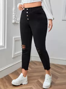 SHEIN Essnce Jeans ajustados con botón desgarro ribete sin dobladillo - Negro - Ver 4