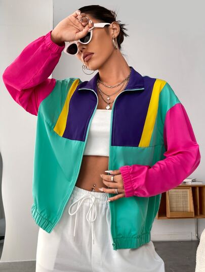 SHEIN EZwear Spring Color Block Drop Shoulder Zipper Jacket In Fall/Winter